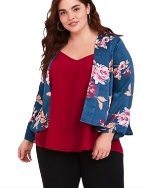 Torrid Kimono Satin Blue Floral Long Sleeve Open Front Coverup Shirt 00 0 M/L